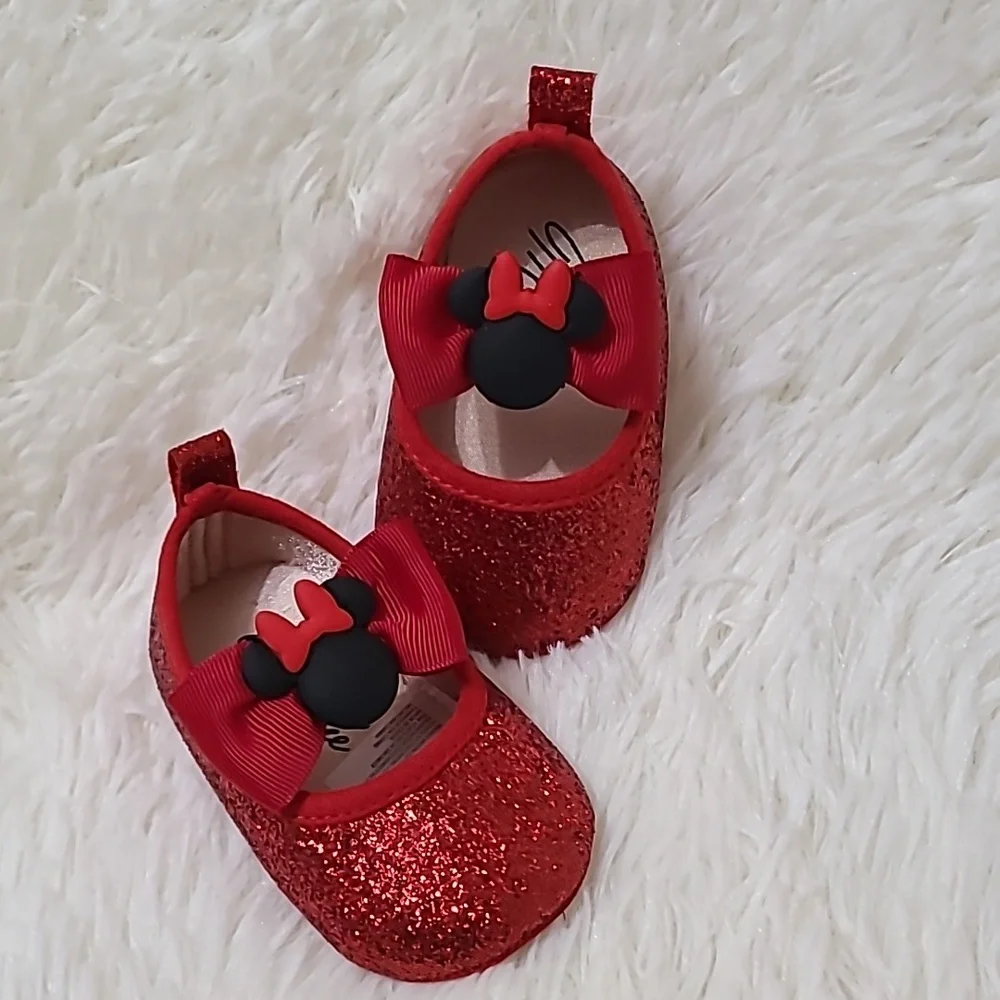 DISNEY‎ Minnie Mouse Bow Red Glitter Infant Crib Shoes - Size 3-6M